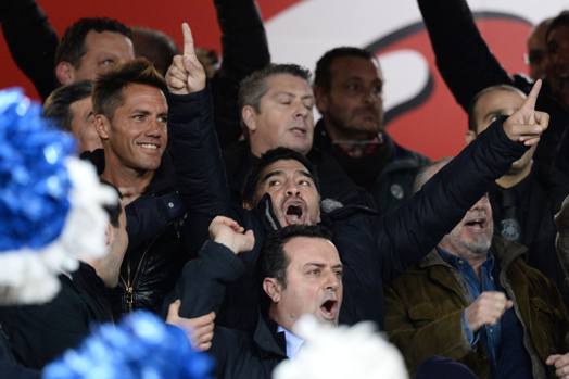 In tribuna la felicità di Diego Armando Maradona, spettatore d'eccezione al San Paolo. LaPresse